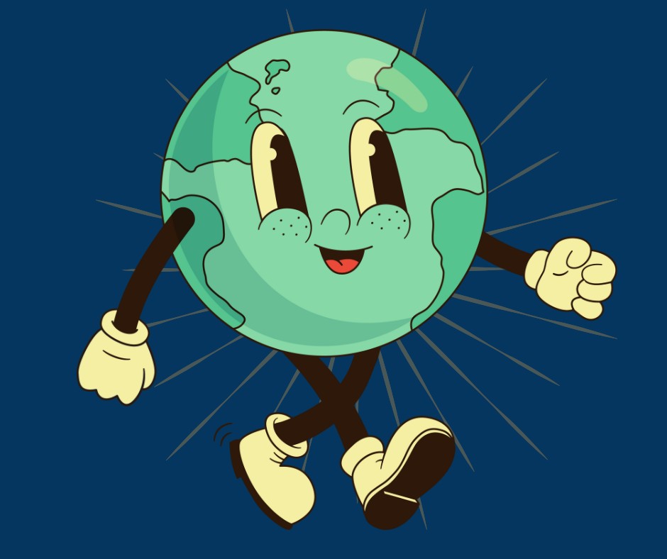 humorous illustration of planet earth with a face, arms and legs smiling and walking