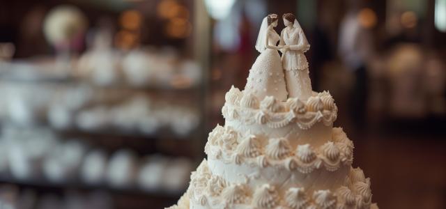 Two women wedding cake toppers in bridal dresses on the top of a white wedding cake